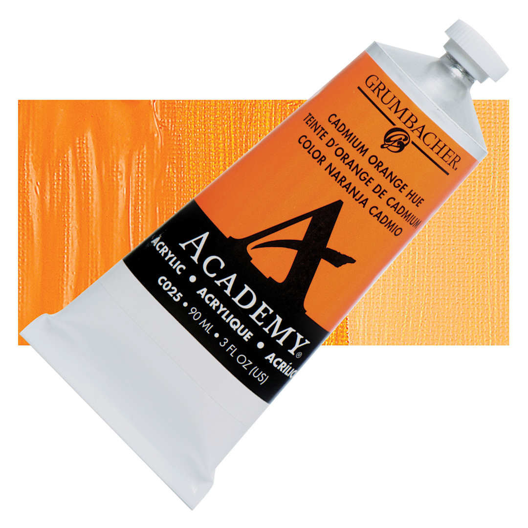 Open in modal - Grumbacher Academy Acrylic - Cadmium Orange Hue, 90 ml tube and swatch