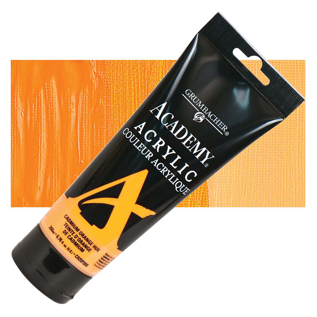 Open in modal - Grumbacher Academy Acrylic - Cadmium Orange Hue, 200 ml tube and swatch