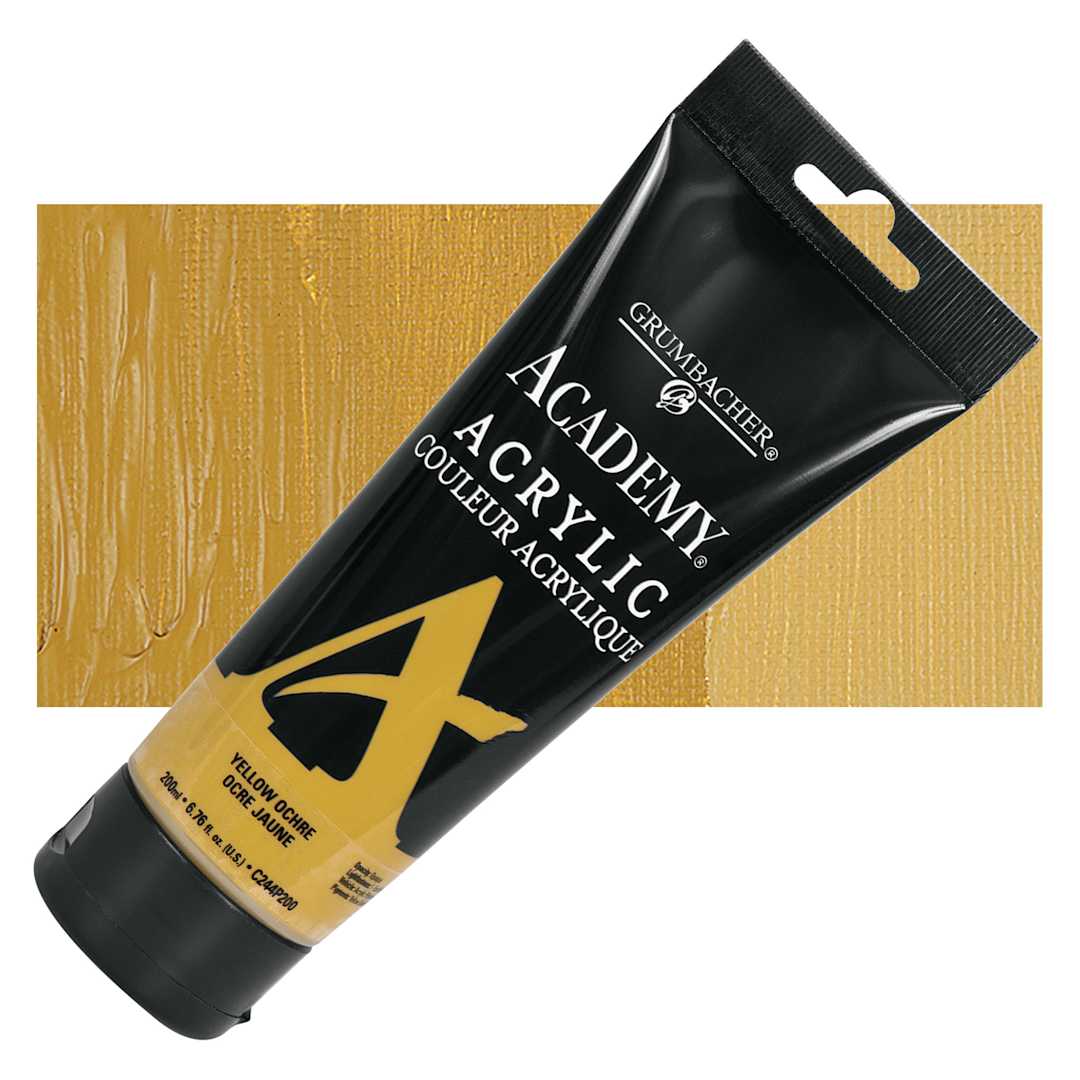 Open in modal - Grumbacher Academy Acrylic - Yellow Ochre, 200 ml tube and swatch