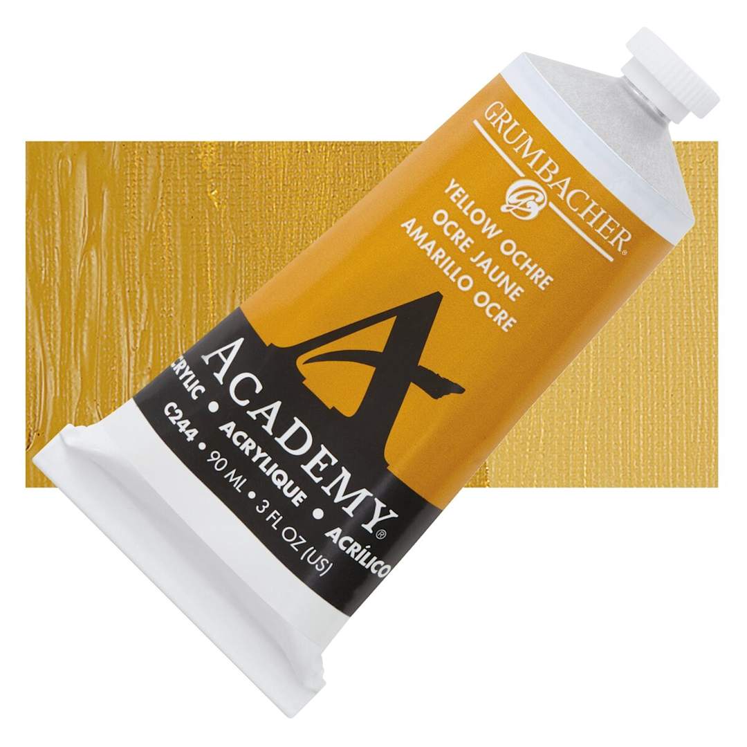 Open in modal - Grumbacher Academy Acrylic - Yellow Ochre, 90 ml tube and swatch