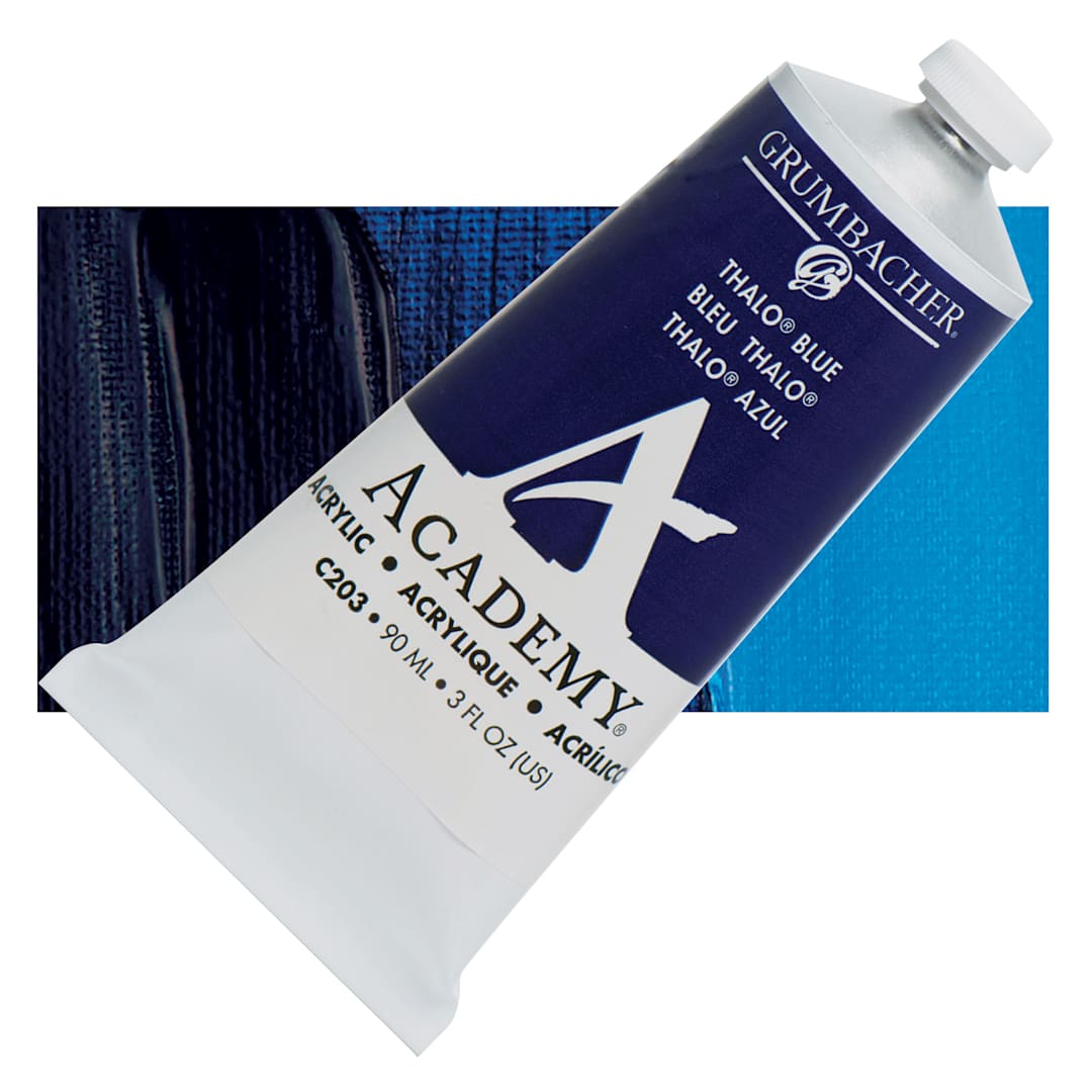 Open in modal - Grumbacher Academy Acrylic - Thalo Blue, 90 ml tube and swatch