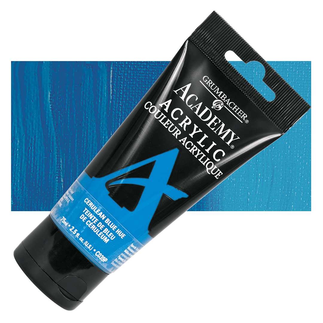 Open in modal - Grumbacher Academy Acrylic - Cerulean Blue Hue, 75 ml tube and swatch