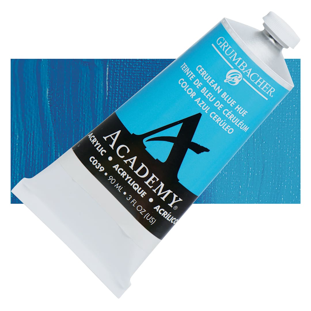 Open in modal - Grumbacher Academy Acrylic - Cerulean Blue Hue, 90 ml tube and swatch