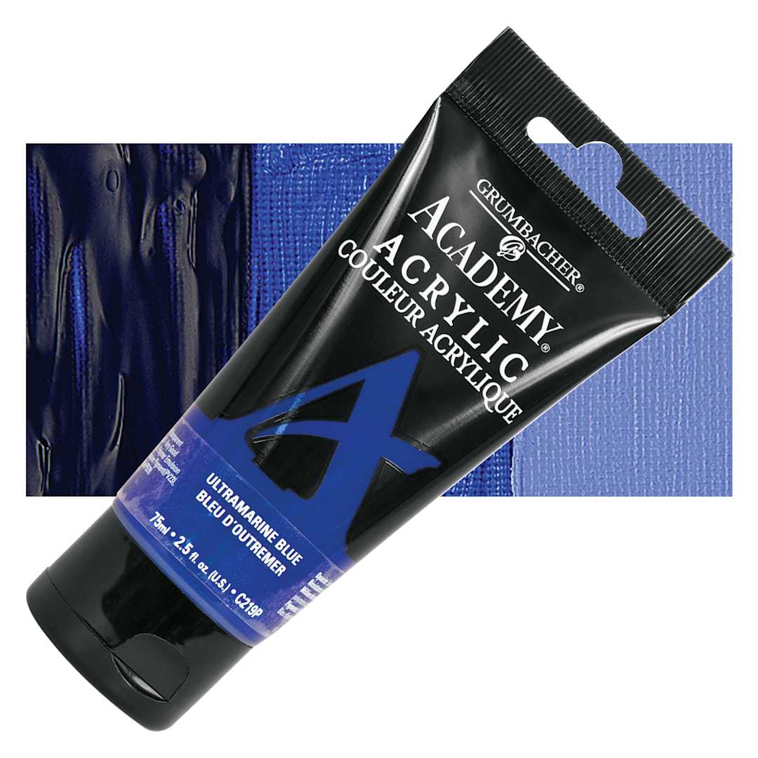 Open in modal - Grumbacher Academy Acrylic - Ultramarine Blue, 75 ml tube and swatch