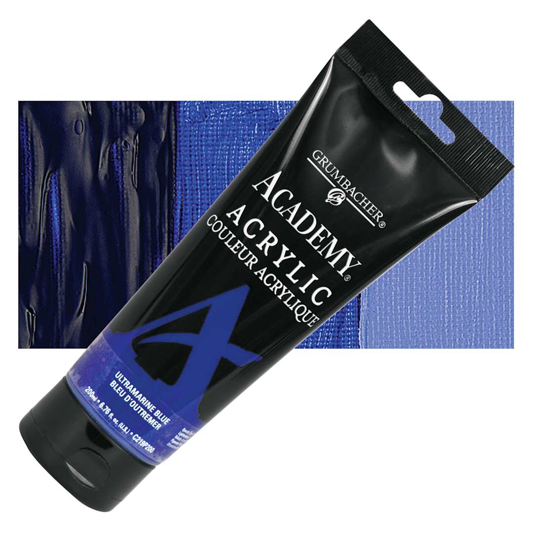 Open in modal - Grumbacher Academy Acrylic - Ultramarine Blue, 200 ml tube and swatch