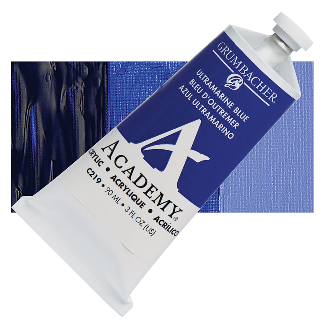 Open in modal - Grumbacher Academy Acrylic - Ultramarine Blue, 90 ml tube and swatch