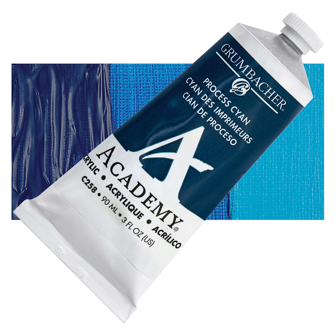 Open in modal - Grumbacher Academy Acrylic - Process Cyan, 90 ml tube and swatch