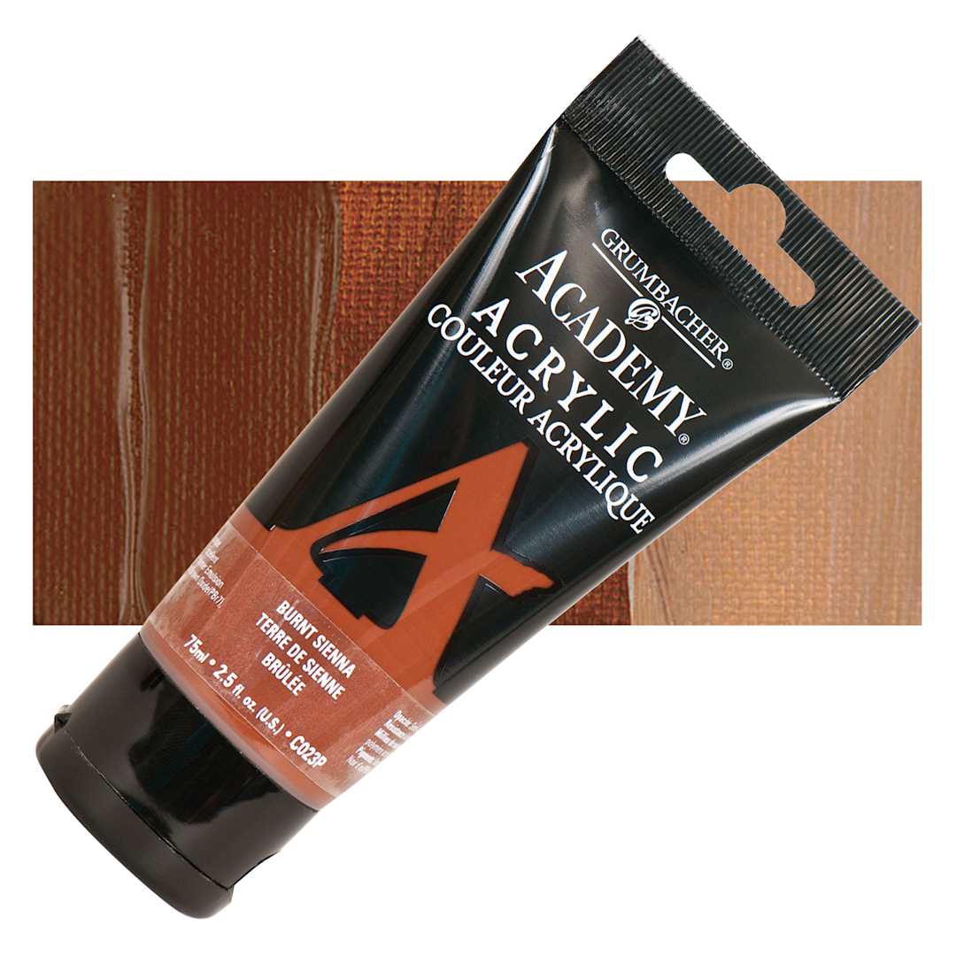 Open in modal - Grumbacher Academy Acrylic - Burnt Sienna, 75 ml tube and swatch