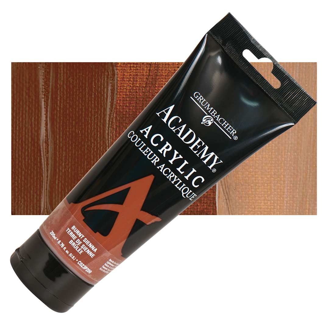Open in modal - Grumbacher Academy Acrylic - Burnt Sienna, 200 ml tube and swatch