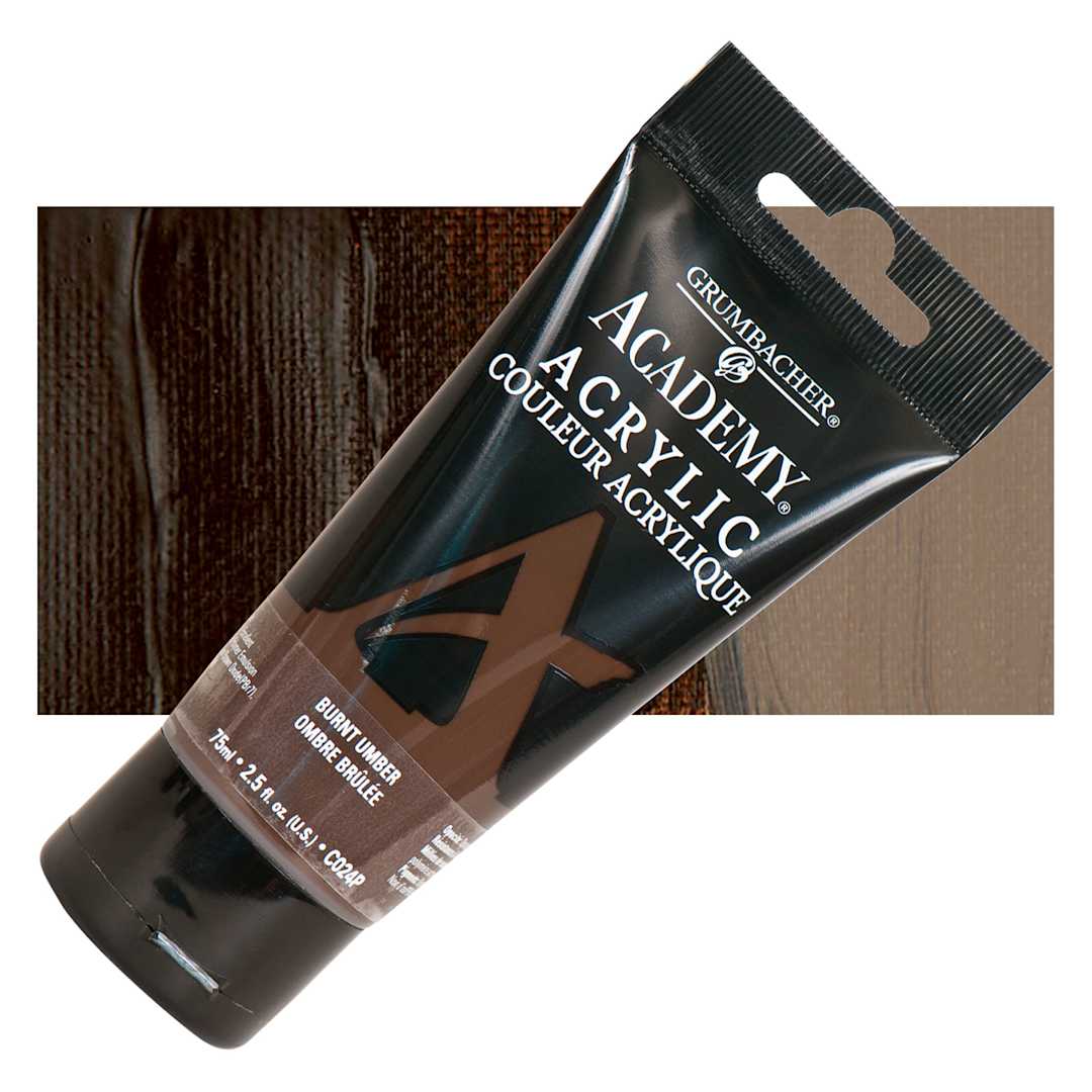 Open in modal - Grumbacher Academy Acrylic - Burnt Umber, 75 ml tube and swatch