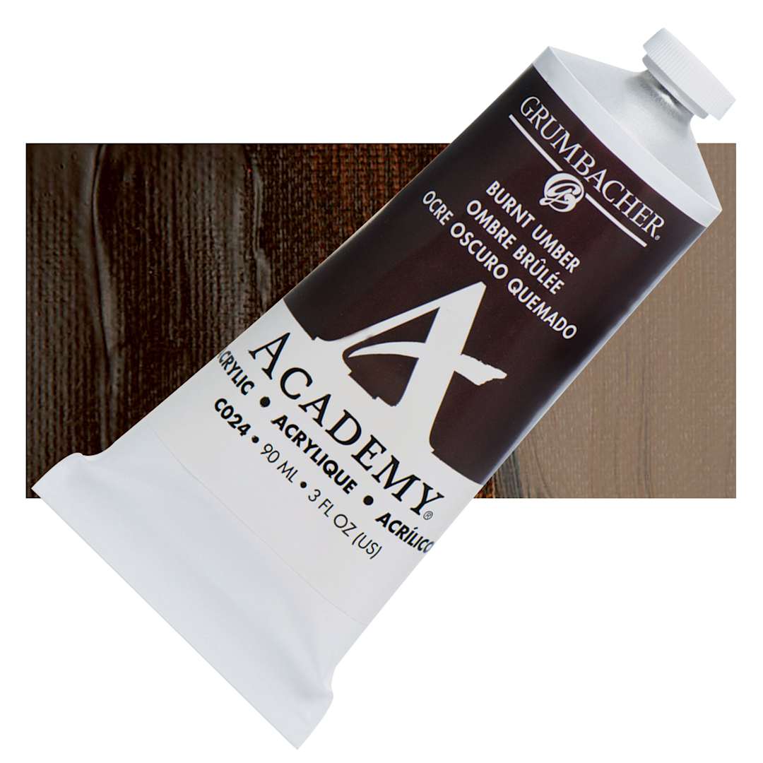 Open in modal - Grumbacher Academy Acrylic - Burnt Umber, 90 ml tube and swatch