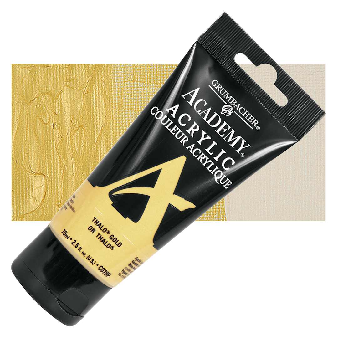 Open in modal - Grumbacher Academy Acrylic - Thalo Gold, 75 ml tube and swatch