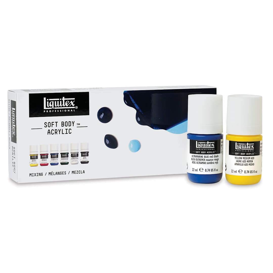 Open in modal - Liquitex Soft Body Acrylics - Mixing Set of 6 (Paint displayed outside of package)