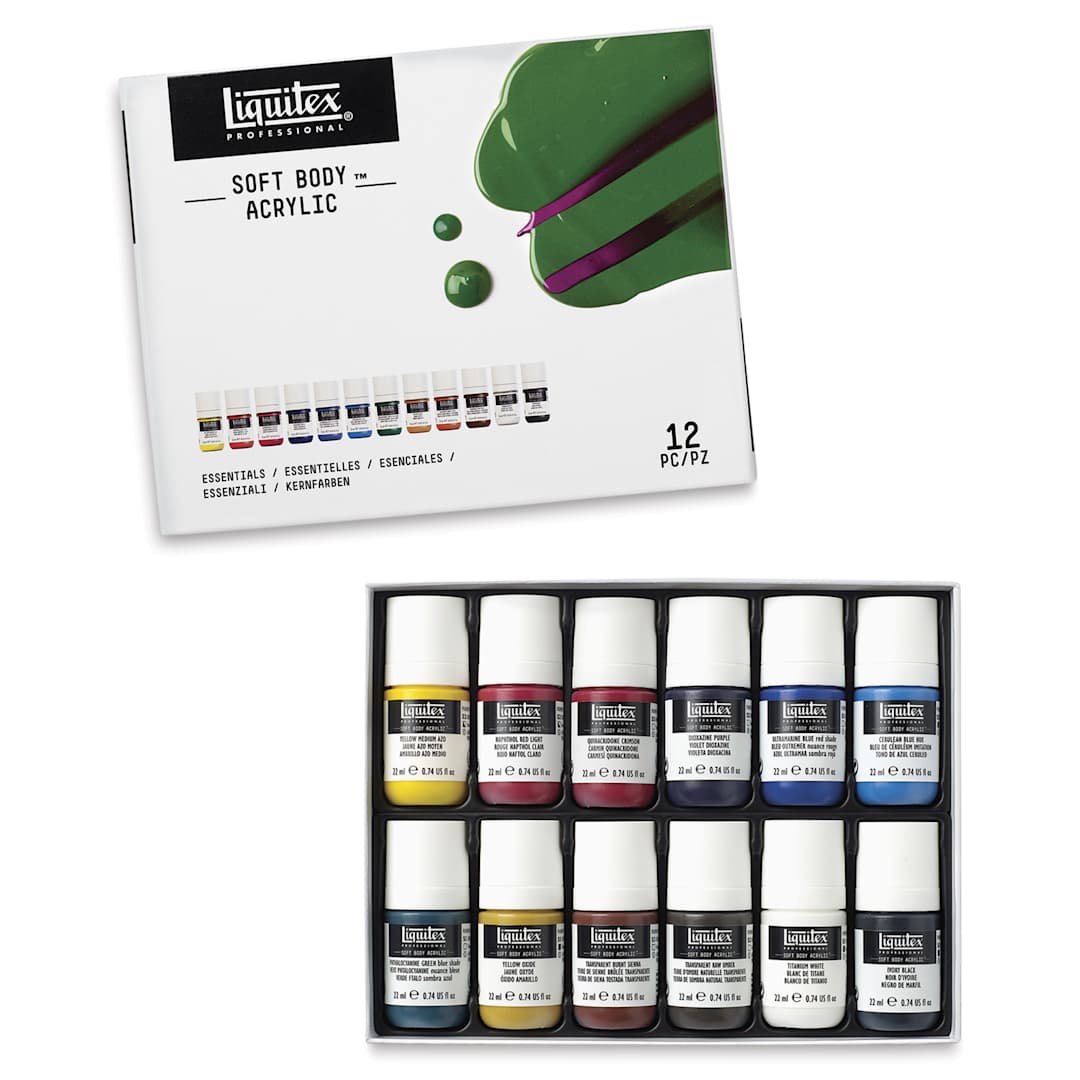 Open in modal - Liquitex Professional Soft Body Acrylics - Set of 12, Essential Colors, 22 ml, open packaging