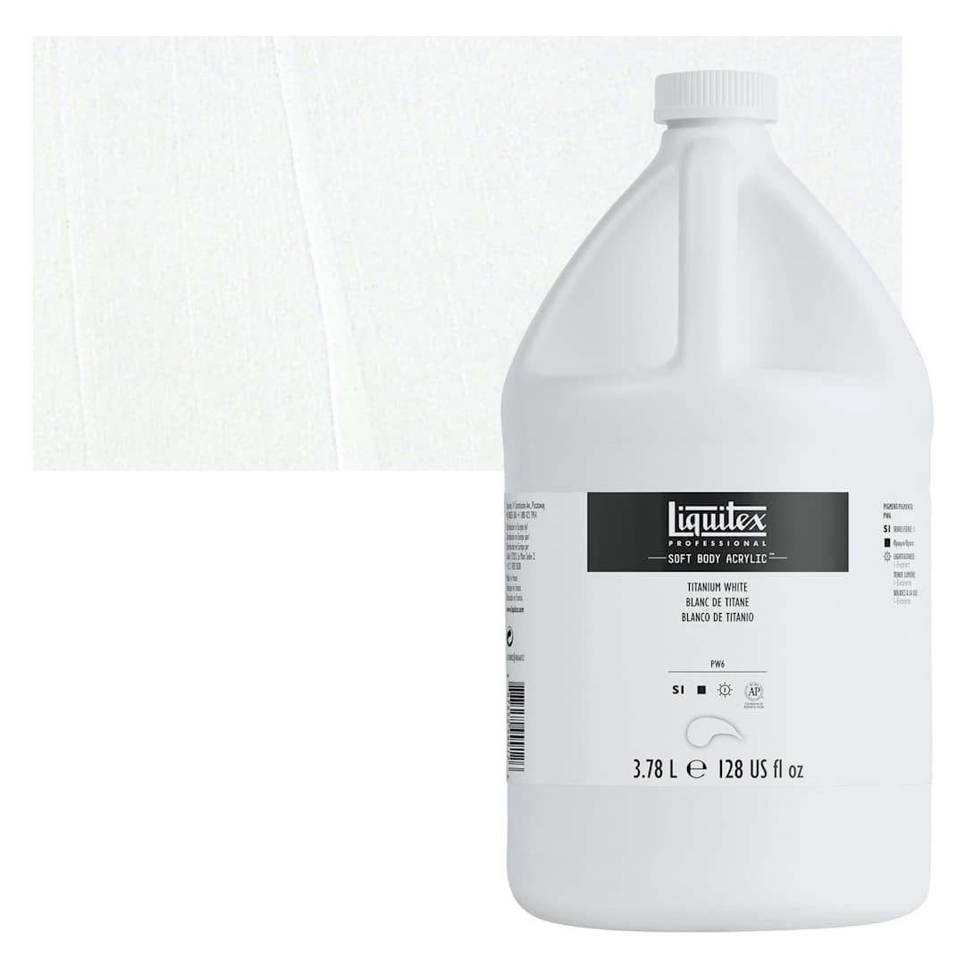 Open in modal - Liquitex Soft Body Artist Acrylic - Titanium White, 3.78 L bottle and swatch