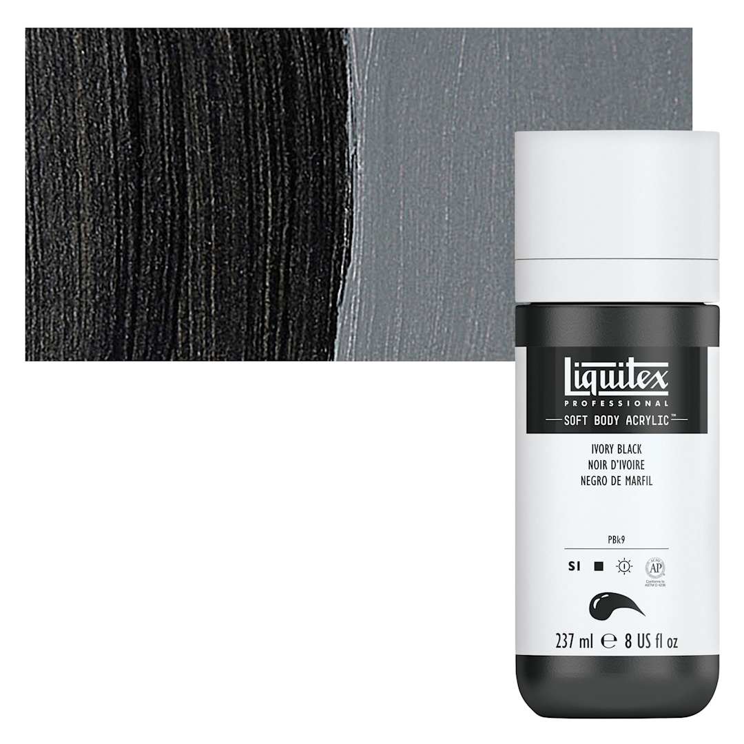 Open in modal - Liquitex Soft Body Artist Acrylic - Ivory Black, 237 ml bottle and swatch