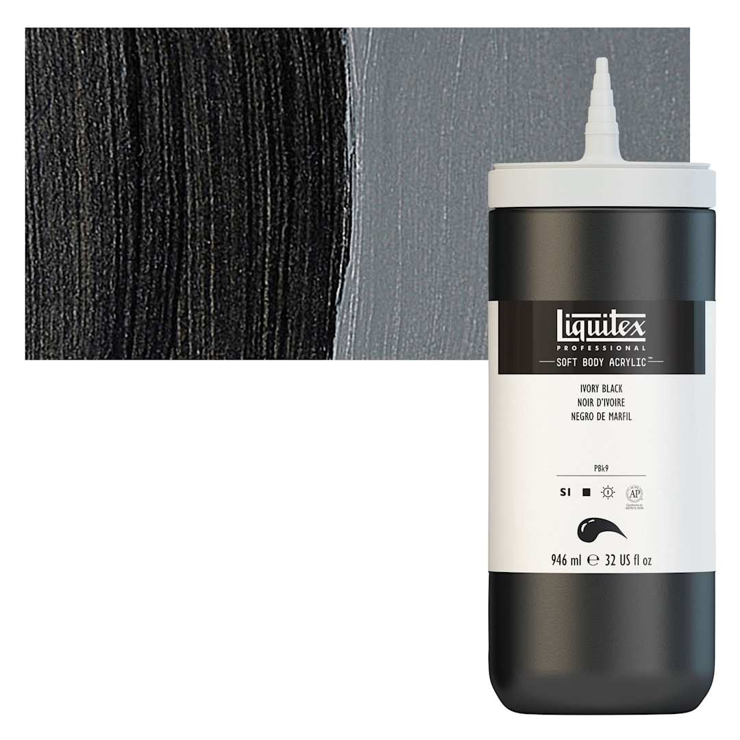 Open in modal - Liquitex Soft Body Artist Acrylic - Ivory Black, 946 ml bottle and swatch
