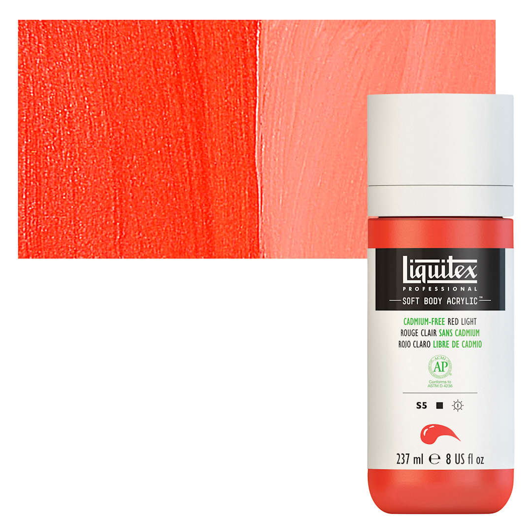 Open in modal - Liquitex Soft Body Artist Acrylic - Cadmium-Free Red Light, 237 ml bottle and swatch