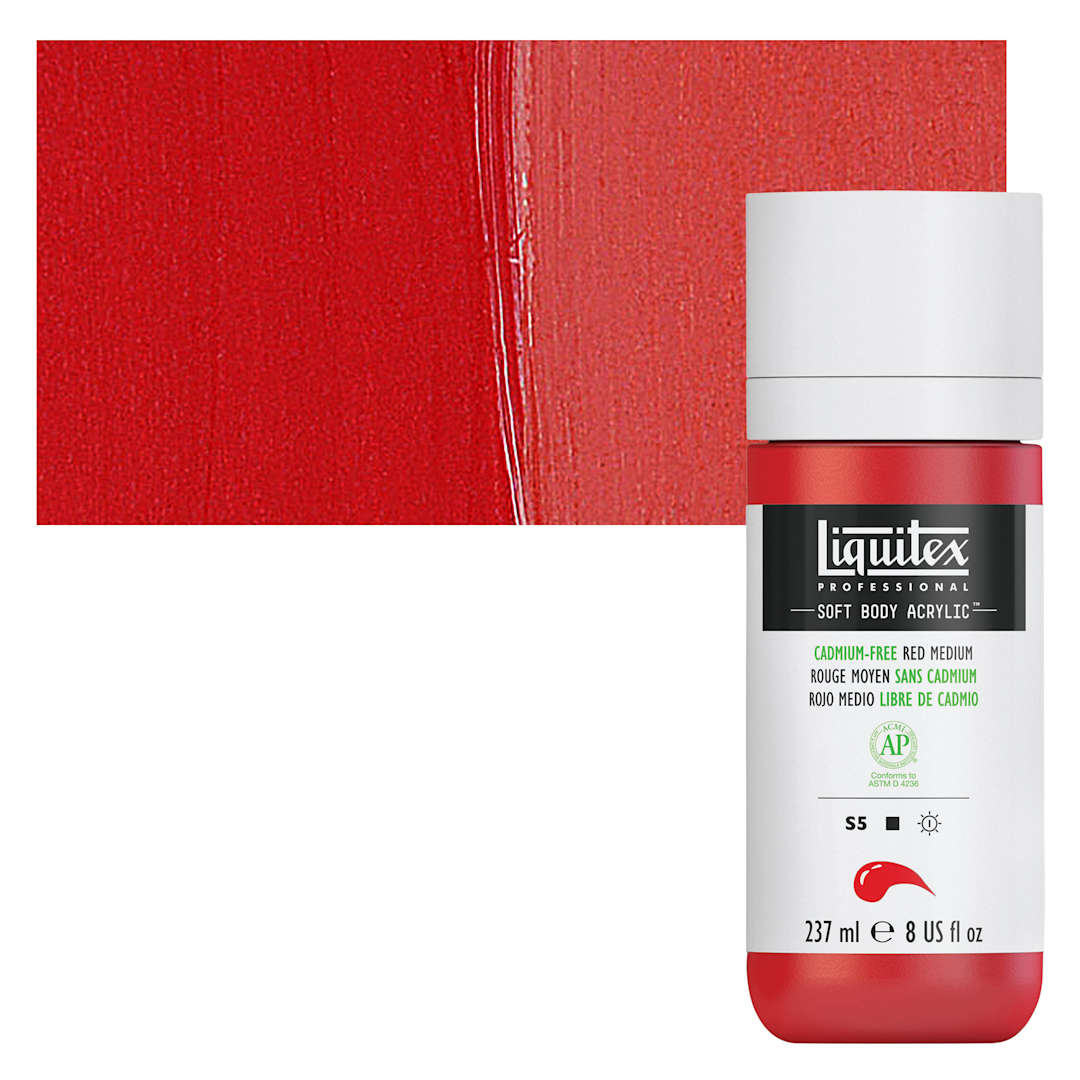 Open in modal - Liquitex Soft Body Artist Acrylic - Cadmium-Free Red Medium, 237 ml bottle and swatch