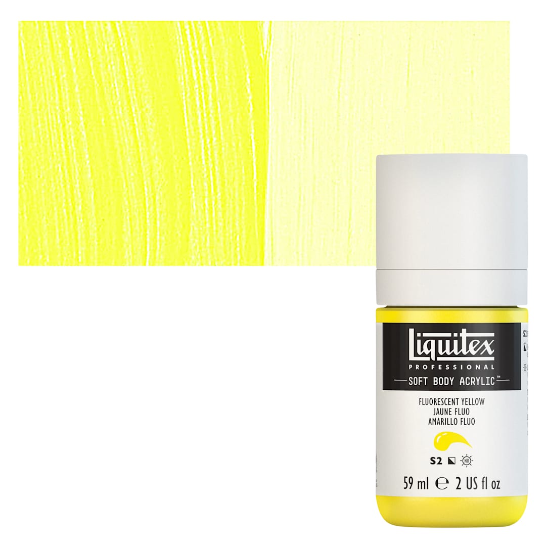 Open in modal - Liquitex Soft Body Artist Acrylic - Fluorescent Yellow, 2 oz bottle and swatch