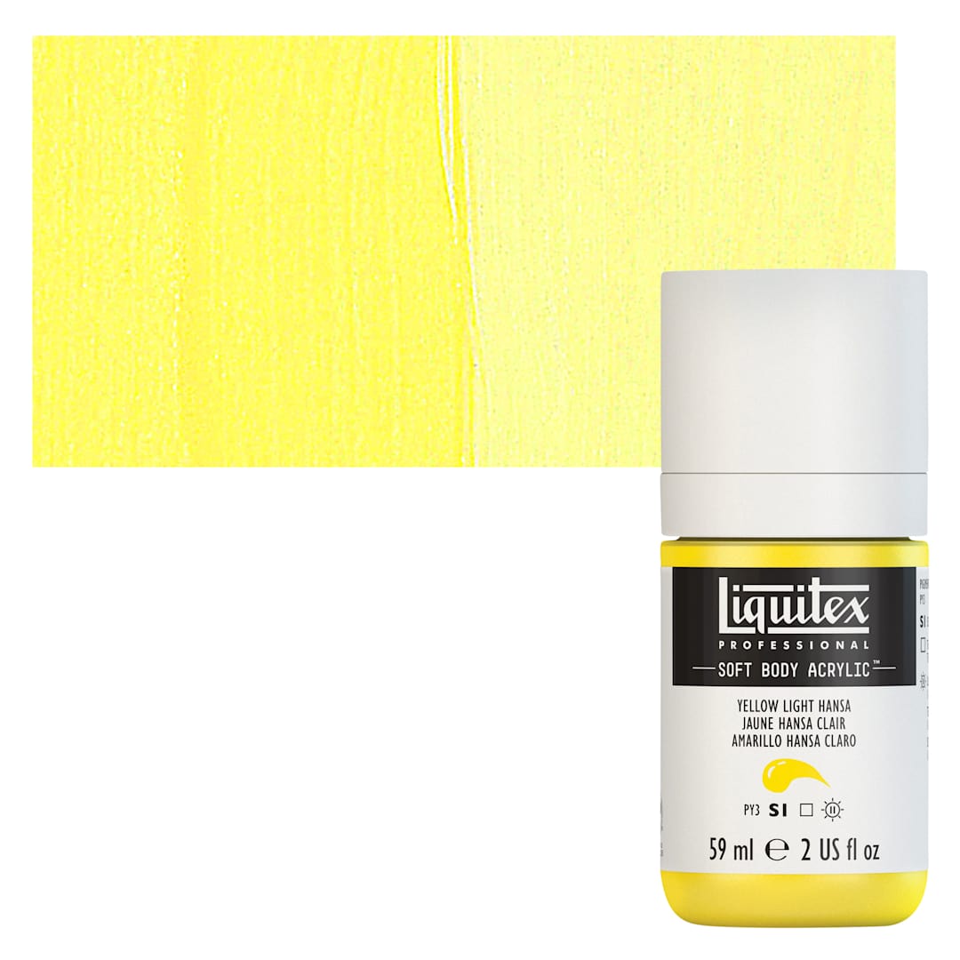 Open in modal - Liquitex Soft Body Artist Acrylic - Yellow Light Hansa, 59 ml bottle and swatch