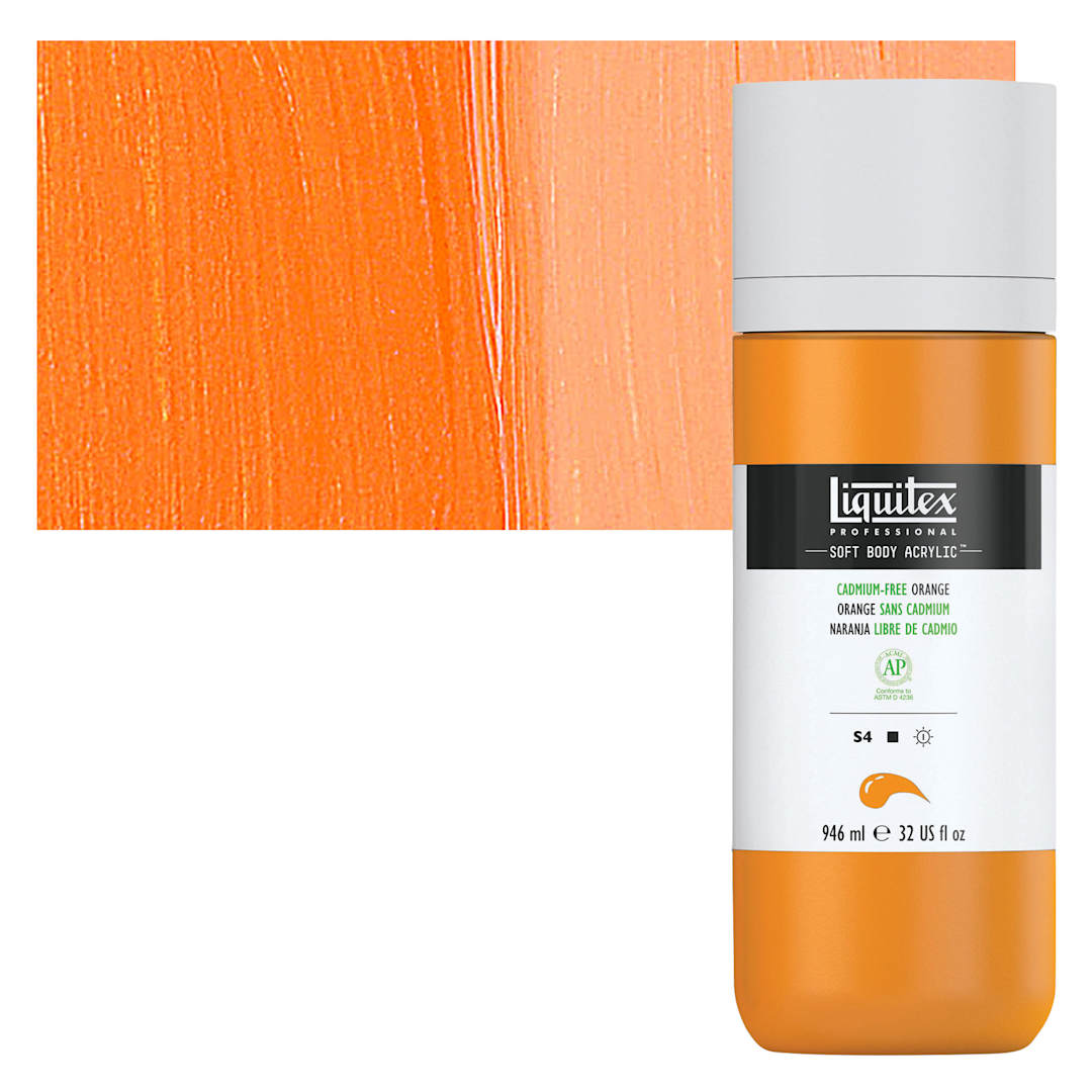 Open in modal - Liquitex Soft Body Artist Acrylic - Cadmium-Free Orange, 946 ml bottle and swatch