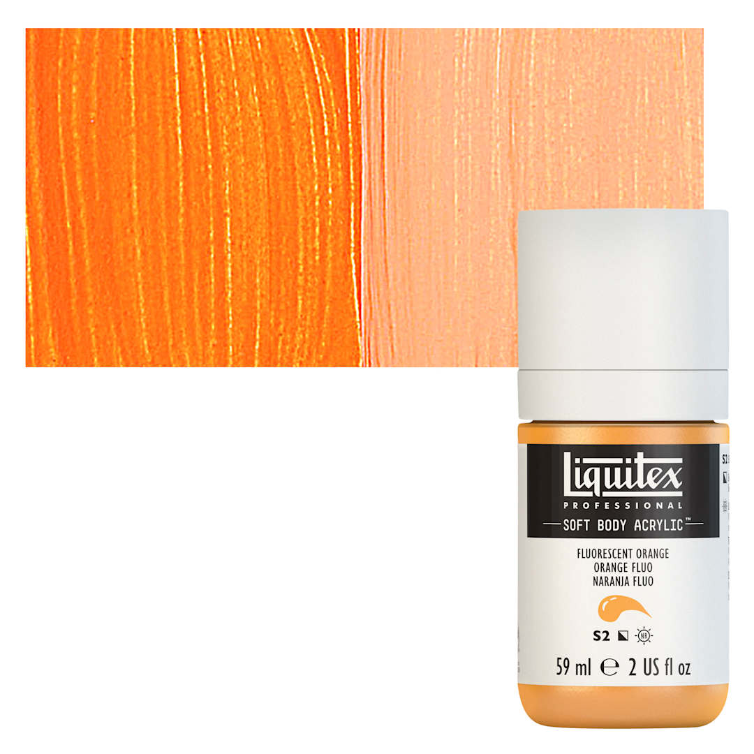 Open in modal - Liquitex Soft Body Artist Acrylic - Fluorescent Orange, 59 ml bottle and swatch