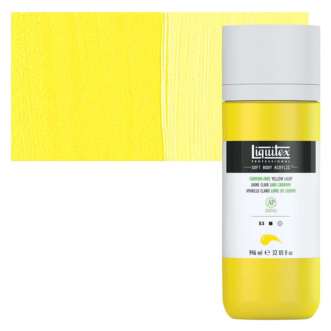 Open in modal - Liquitex Soft Body Artist Acrylic - Cadmium-Free Yellow Light, 946 ml bottle and swatch