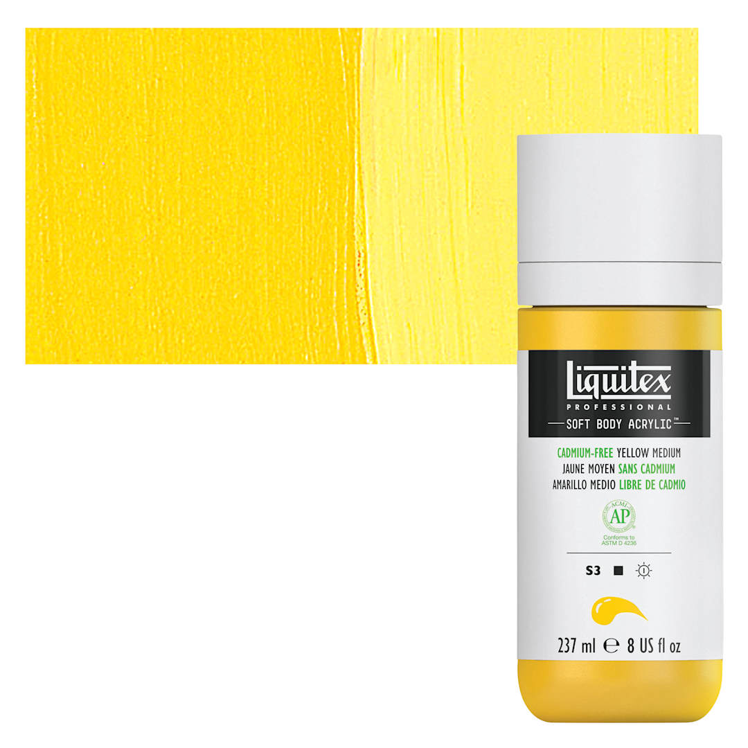 Open in modal - Liquitex Soft Body Artist Acrylic - Cadmium-Free Yellow Medium, 237 ml bottle and swatch