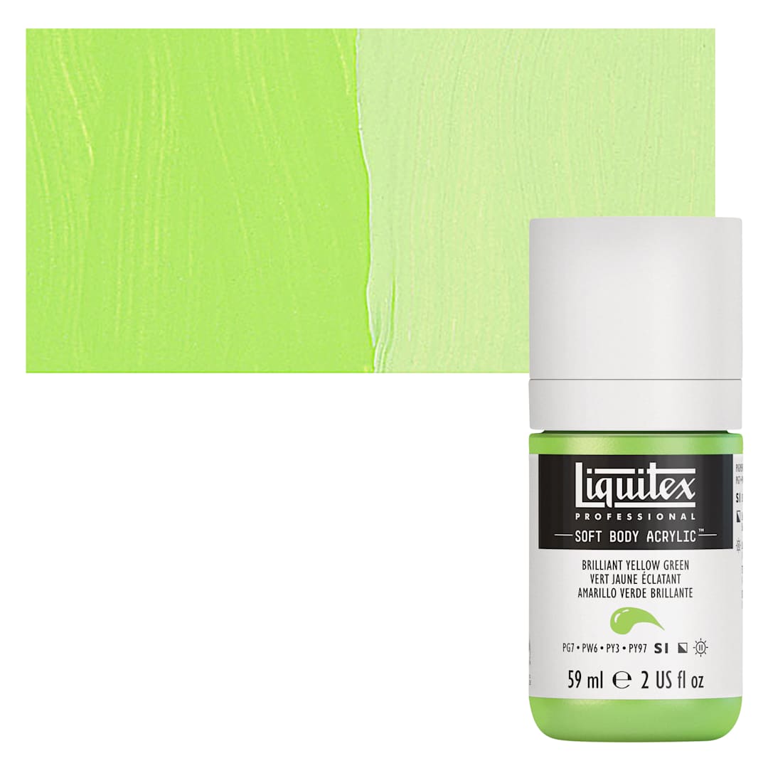 Open in modal - Liquitex Soft Body Artist Acrylic - Brilliant Yellow Green, 59 ml bottle and swatch
