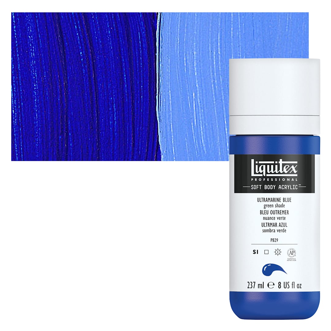 Open in modal - Liquitex Soft Body Artist Acrylic - Ultramarine Blue Green Shade, 237 ml bottle and swatch