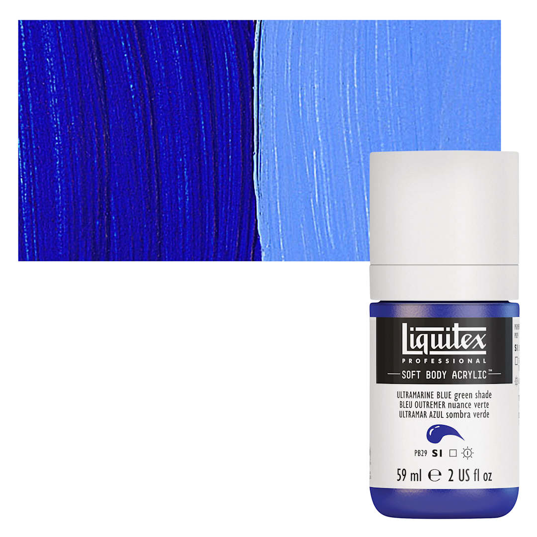 Open in modal - Liquitex Soft Body Artist Acrylic - Ultramarine Blue (Green Shade), 59 ml bottle and swatch