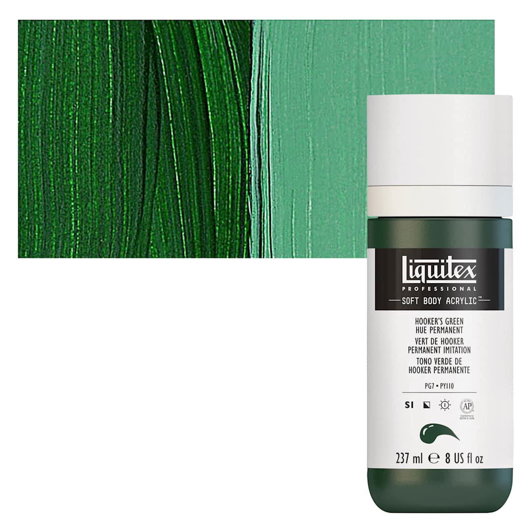 Open in modal - Liquitex Soft Body Artist Acrylic - Hooker's Green Hue Permanent, 237 ml bottle and swatch