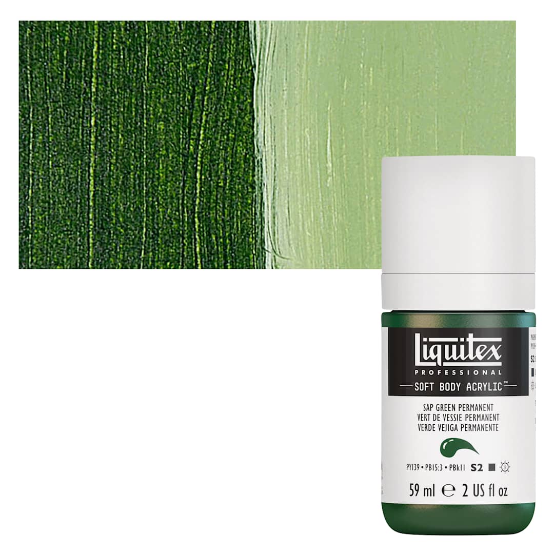Open in modal - Liquitex Soft Body Artist Acrylic - Sap Green Permanent, 59 ml bottle and swatch