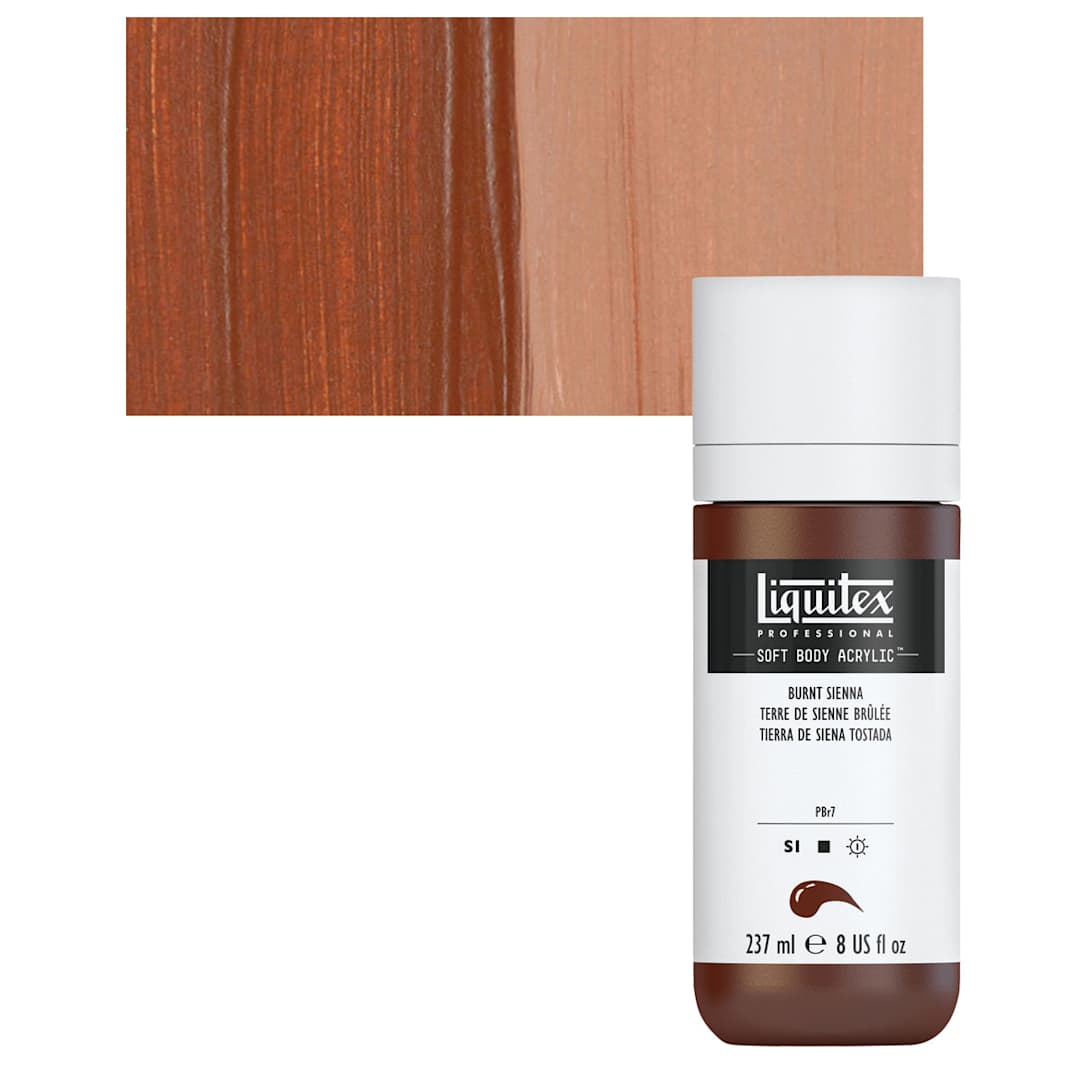 Open in modal - Liquitex Soft Body Artist Acrylis - Burnt Sienna, 237 ml bottle and swatch
