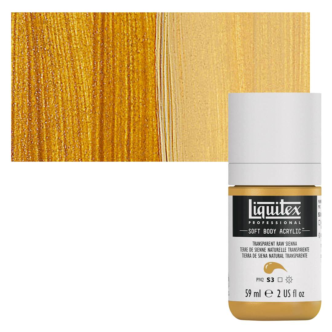 Open in modal - Liquitex Soft Body Artist Acrylic - Transparent Raw Sienna, 2 oz bottle and swatch
