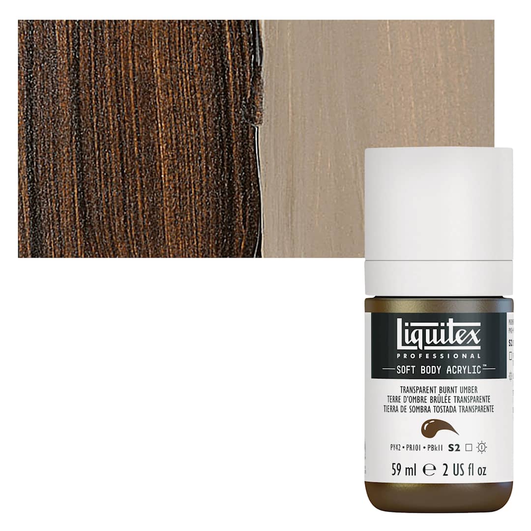 Open in modal - Liquitex Soft Body Artist Acrylic - Transparent Burnt Umber, 59 ml bottle and swatch