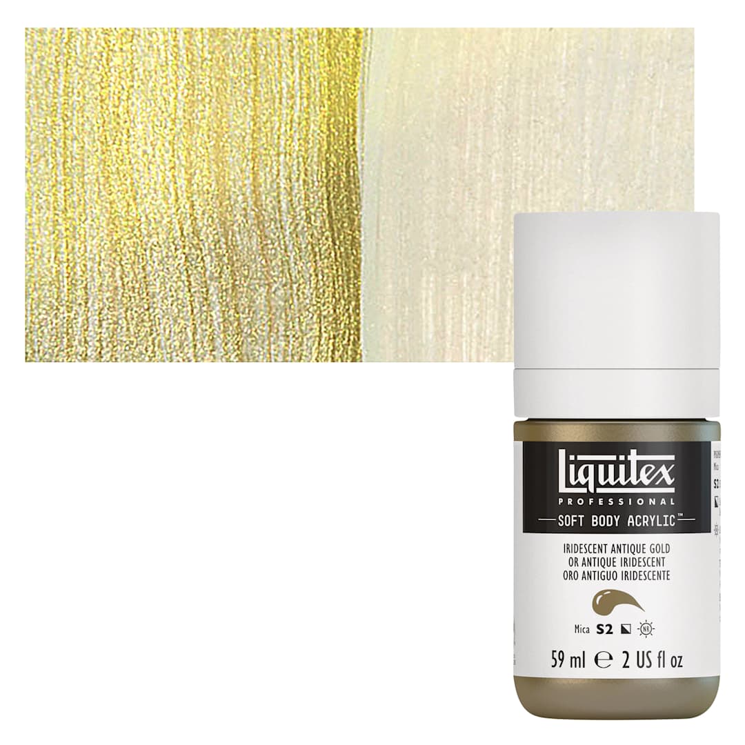 Open in modal - Liquitex Soft Body Artist Acrylic - Iridescent Antique Gold, 59 ml bottle and swatch