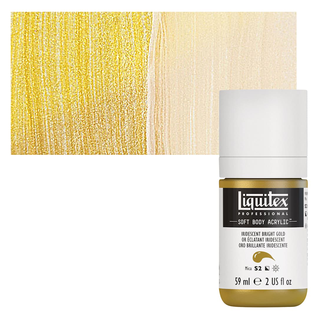 Open in modal - Liquitex Soft Body Artist Acrylic - Iridescent Bright Gold, 59 ml bottle and swatch