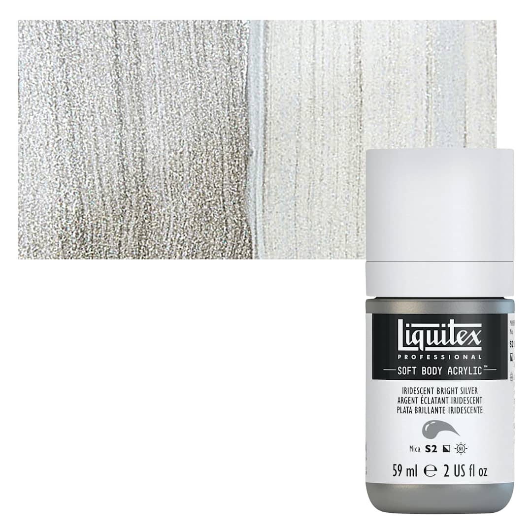 Open in modal - Liquitex Soft Body Artist Acrylic - Iridescent Bright Silver, 59 ml bottle and swatch