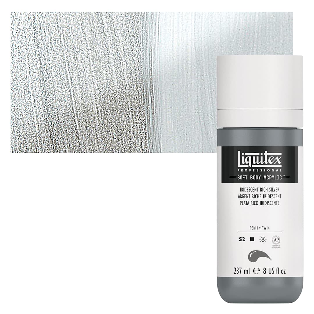 Open in modal - Liquitex Soft Body Artist Acrylic - Iridescent Rich Silver, 237 ml bottle and swatch