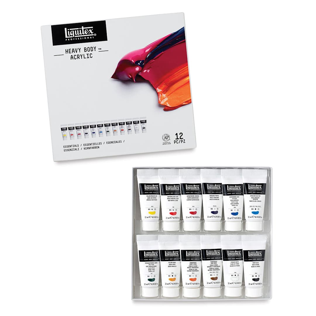 Open in modal - Liquitex Professional Heavy Body Acrylics - Essentials Set of 12 package open to show tubes