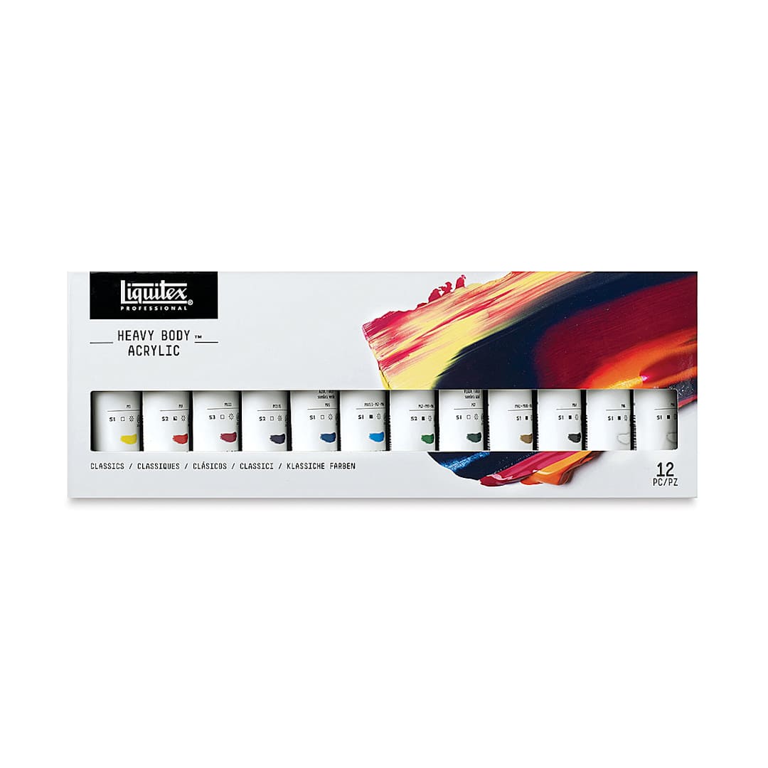 Open in modal - Liquitex Heavy Body Artist Acrylics - Classics Set, Set of 12 colors, 2 oz tubes (front of package)