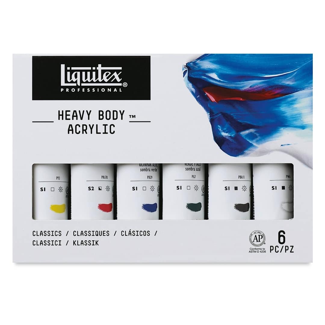 Open in modal - Liquitex Heavy Body Artist Acrylics - Studio Set, Set of 6 colors, 2 oz tubes front of package