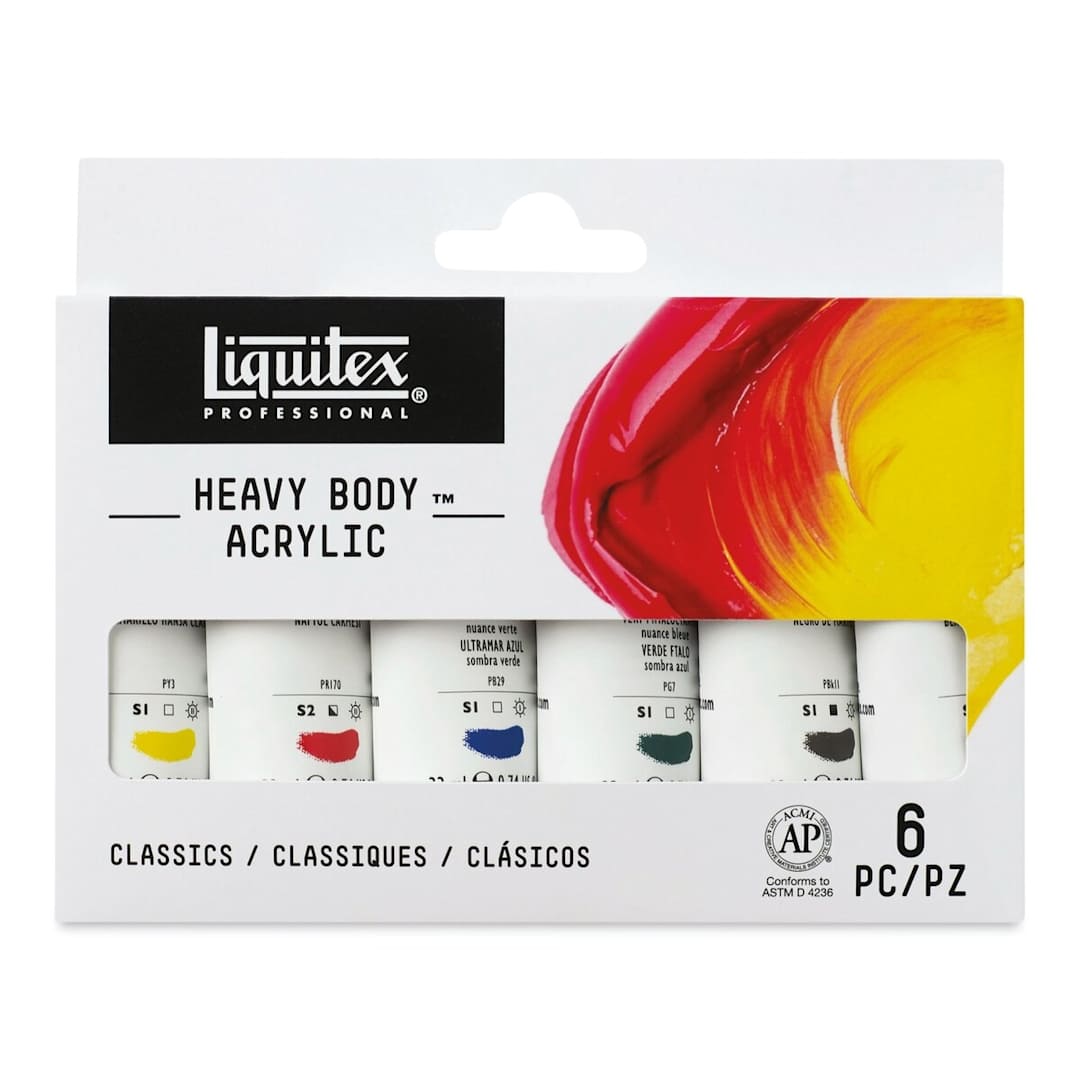 Open in modal - Liquitex Heavy Body Artist Acrylics - Assorted Colors, Set of 6, 22 ml, Tubes (Front of packaging)