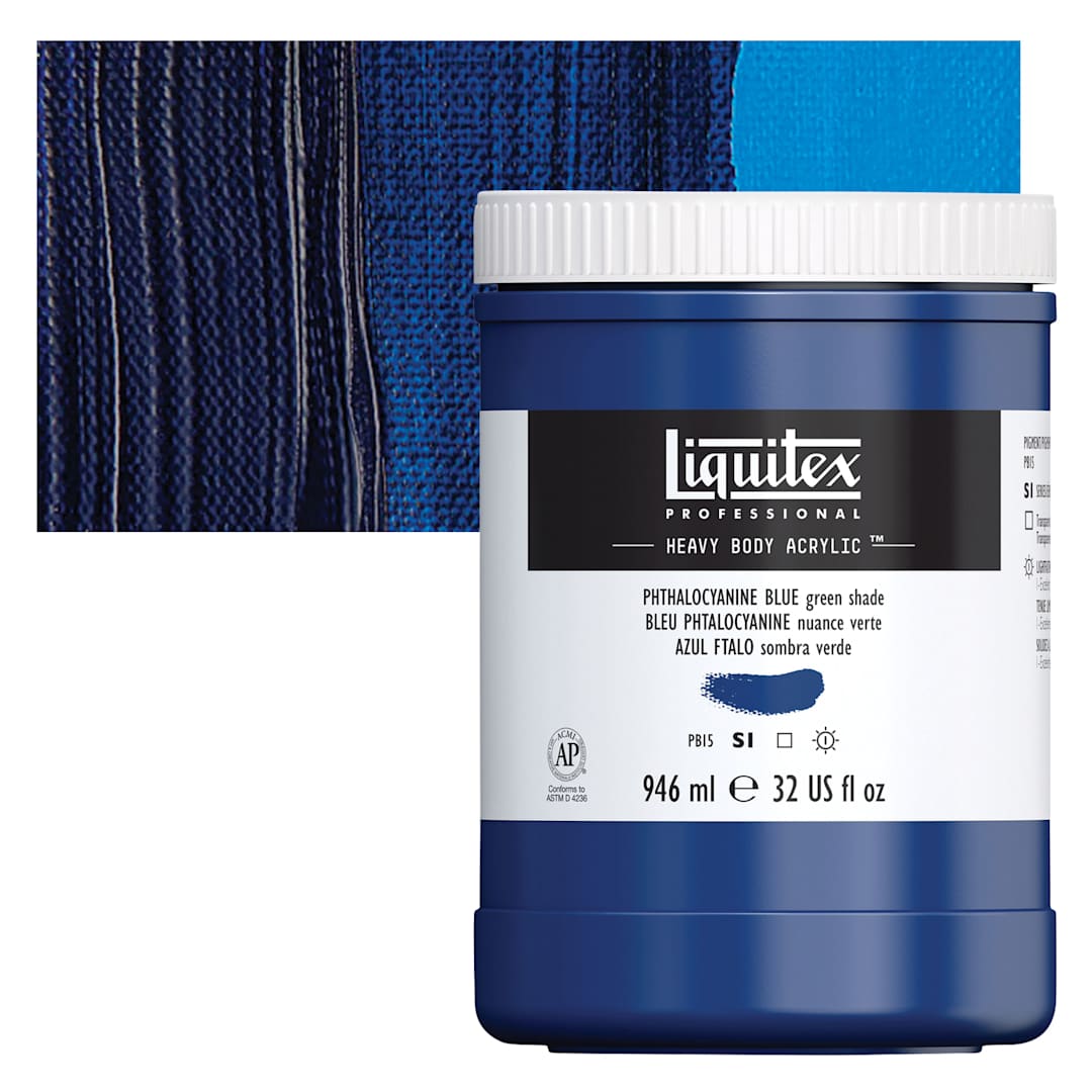 Open in modal - Liquitex Heavy Body Artist Acrylic - Phthalo Blue (Green Shade), 32 oz Jar and swatch