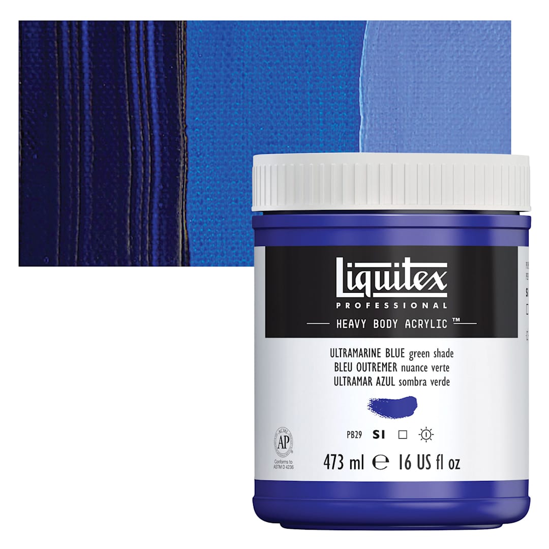 Open in modal - Liquitex Heavy Body Artist Acrylic - Ultramarine Blue (Green Shade), 16 oz Jar and swatch
