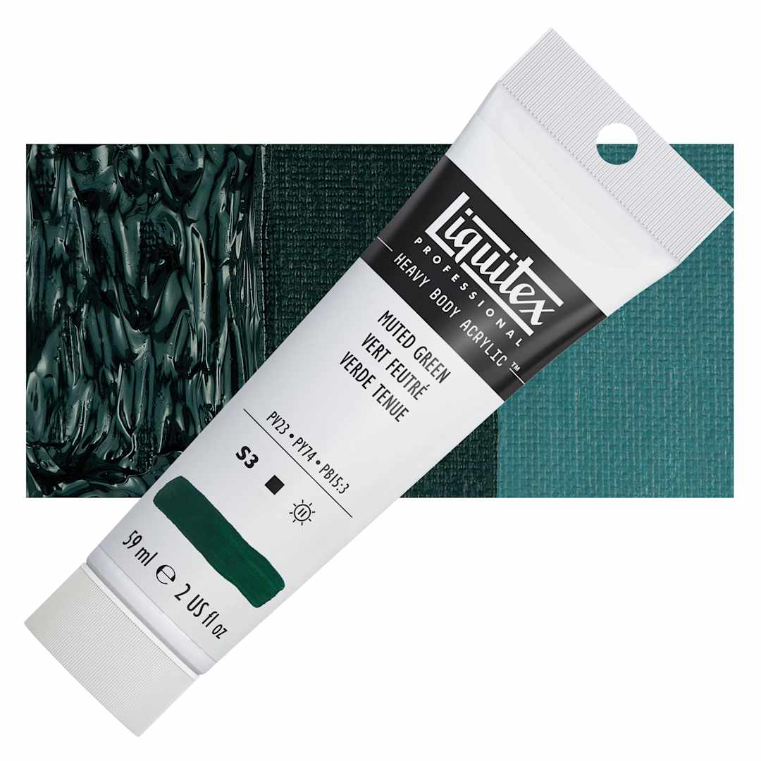 Open in modal - Liquitex Heavy Body Artist Acrylic - Mutred Green 2 oz tube and swatch