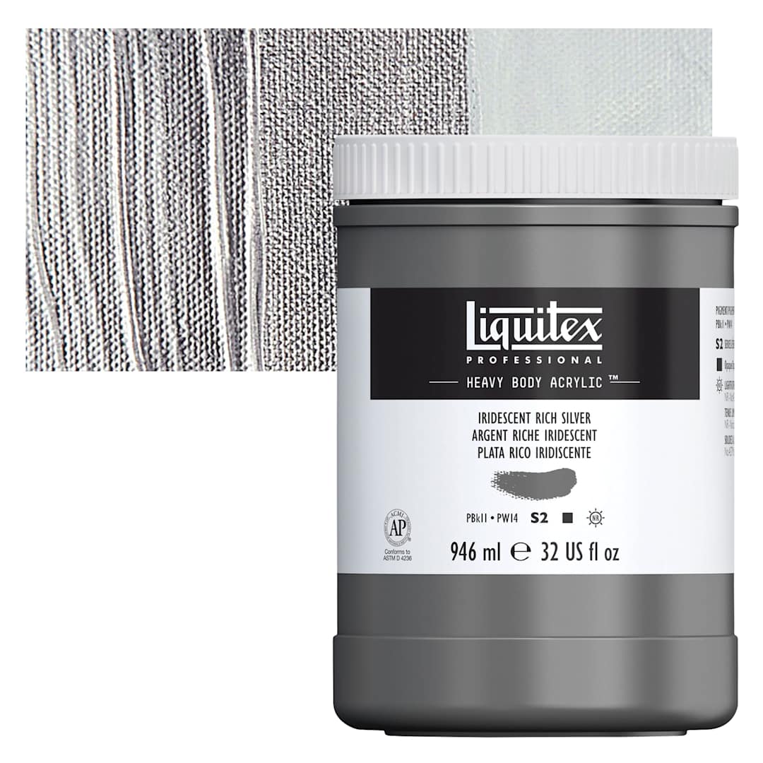 Open in modal - Liquitex Heavy Body Artist Acrylic - Iridescent Rich Silver, 32 oz Jar and swatch