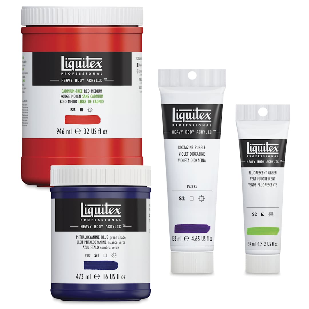 Open in modal - Liquitex Professional Heavy Body Acrylic Paints - 32 oz Cadmium Free Red Medium jar, 16 oz Phthalo Blue (Green Shade) jar, 4.65 oz Dioxazine Purple Tube, and 2 oz Fluorescent Green tube